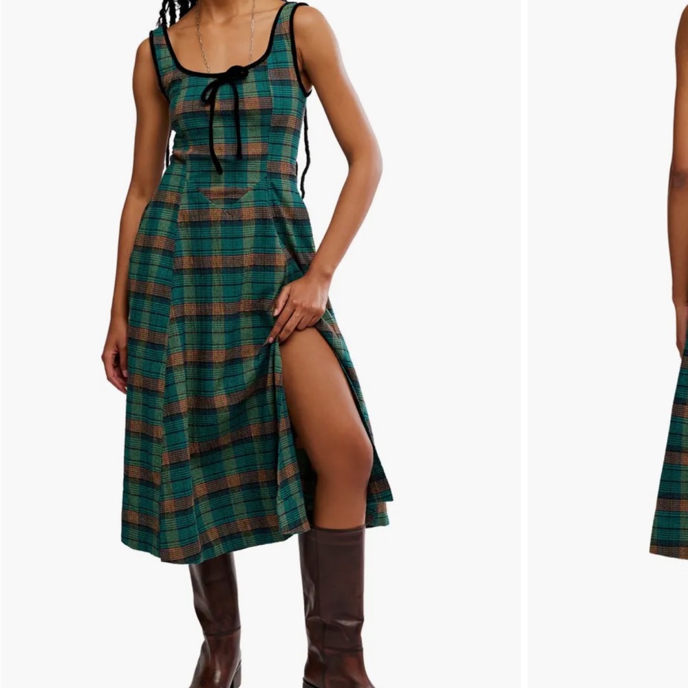 Free people Freya Plaid Bow Midi Dress Kelly Green Combo SIZE XS